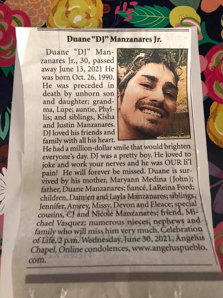 Newspaper photo of DJ's obituary