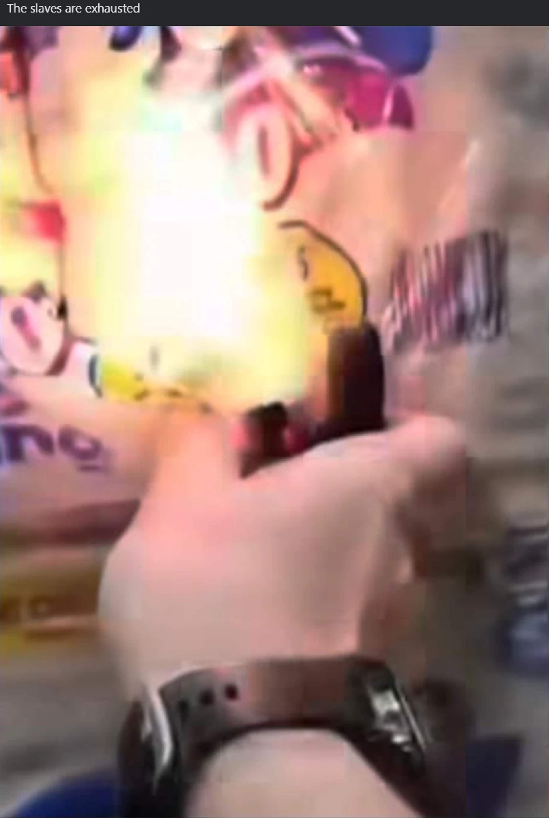 A screen shot of the zippo lighting the toilet paper with the caption "The slaves are exhausted"