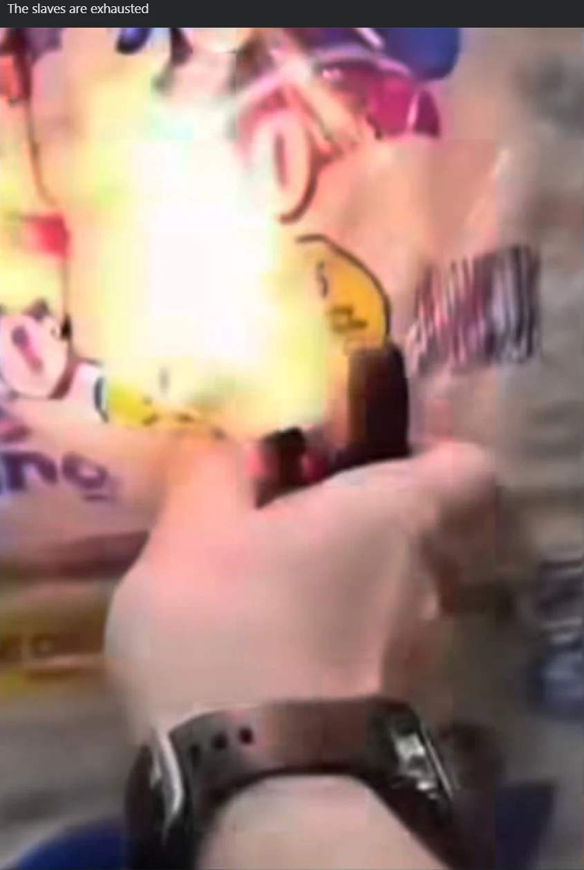 A screen shot of the zippo lighting the toilet paper with the caption "The slaves are exhausted"