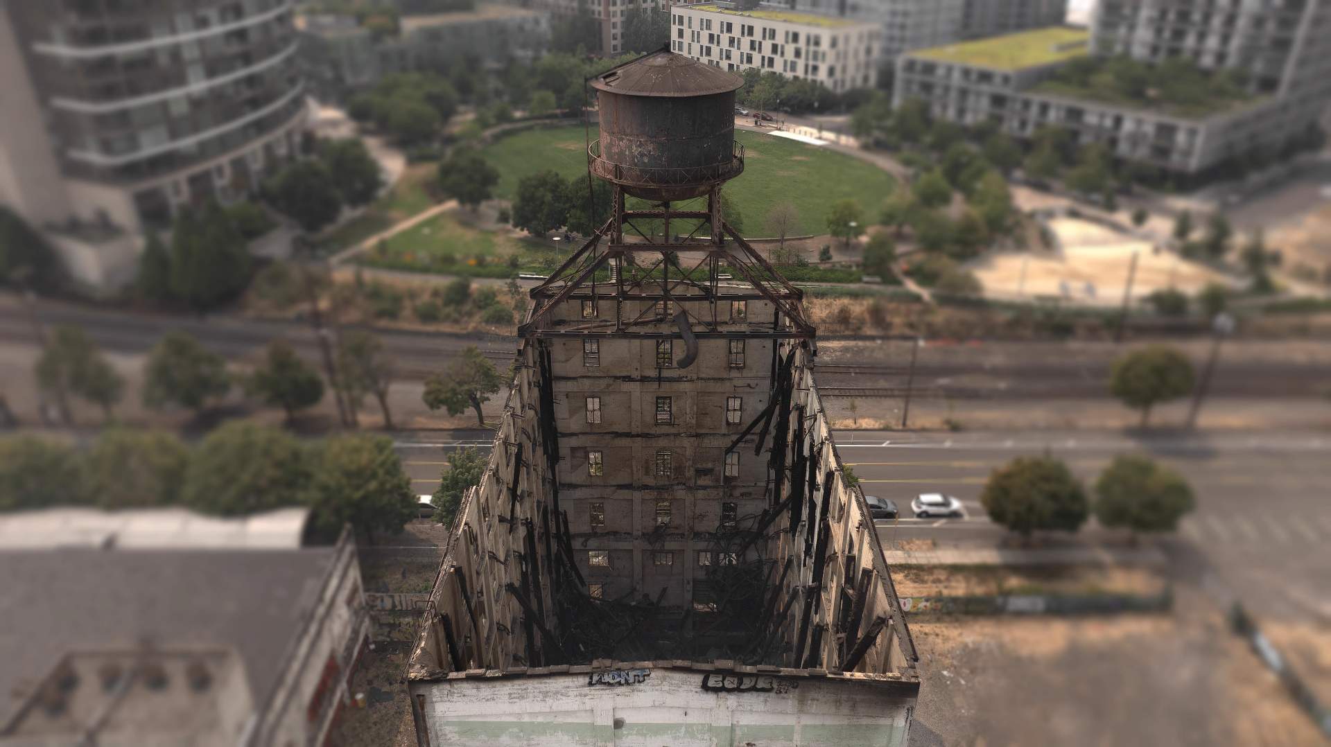 The burned-out shell of Centennial Mills with all interior floors collapsed