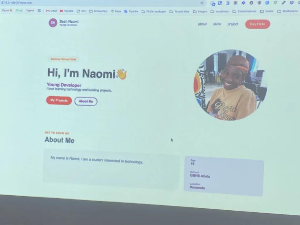 An early version of Naomi's portfolio, running from her own laptop and projected for the class