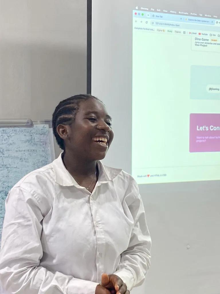 Saah Naomi's portfolio website projected in class at the Togeva STEAM Summer School 2026