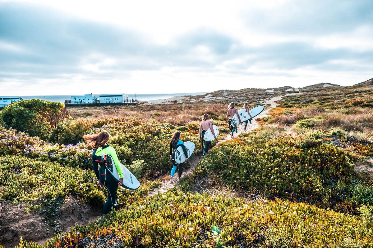 surfers walking in a line with their surfboards in hand