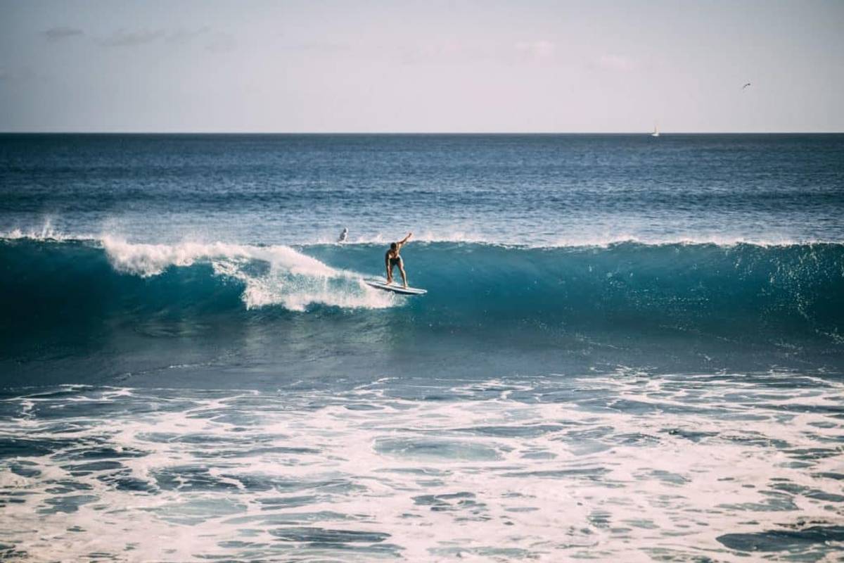 Man surfing wave in boardshorts