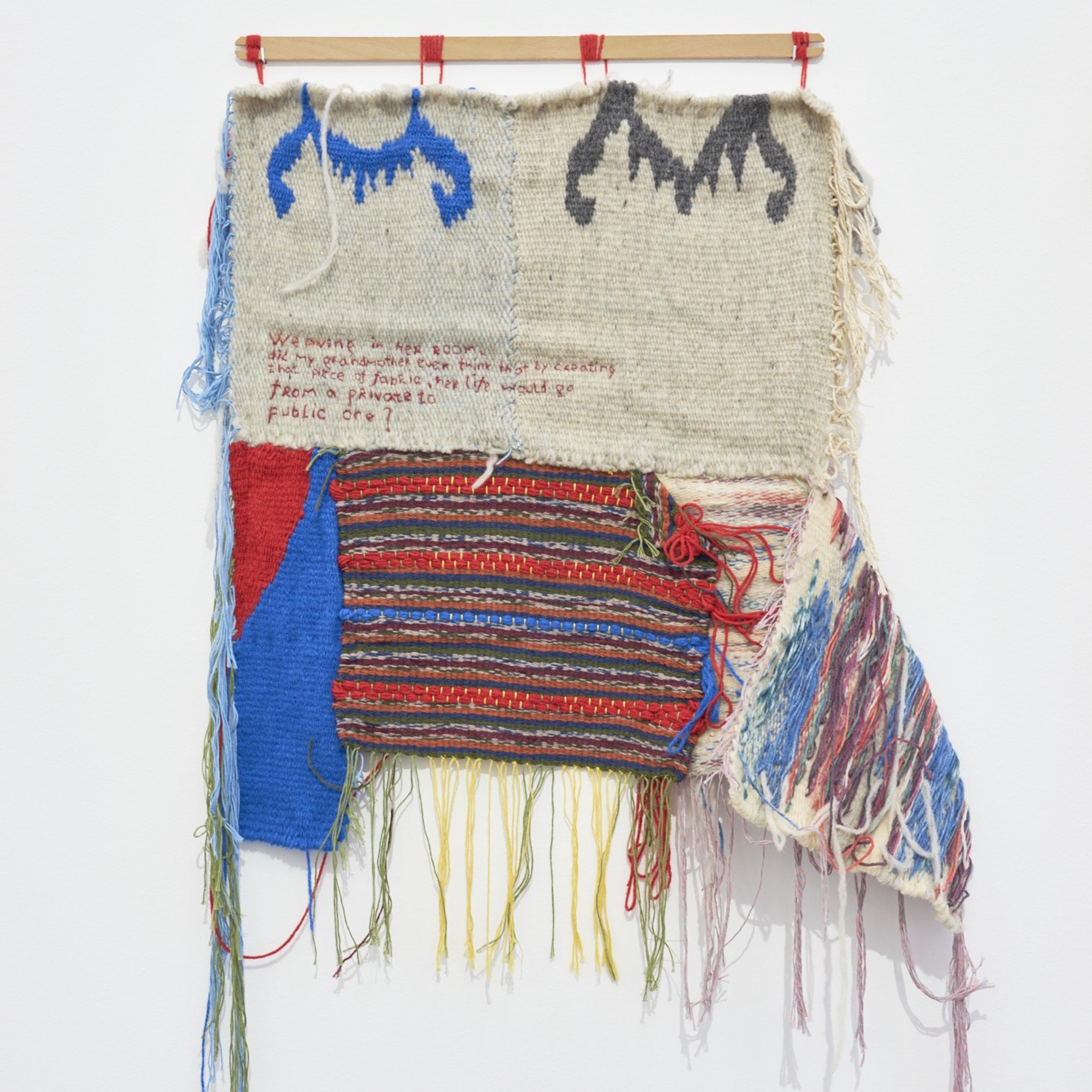 artwork Private and/or Public?- Weaving in her room, did my grandmother ever think that by creating this piece of fabric, her life would go from private to public?" by Bojana Fužinato 