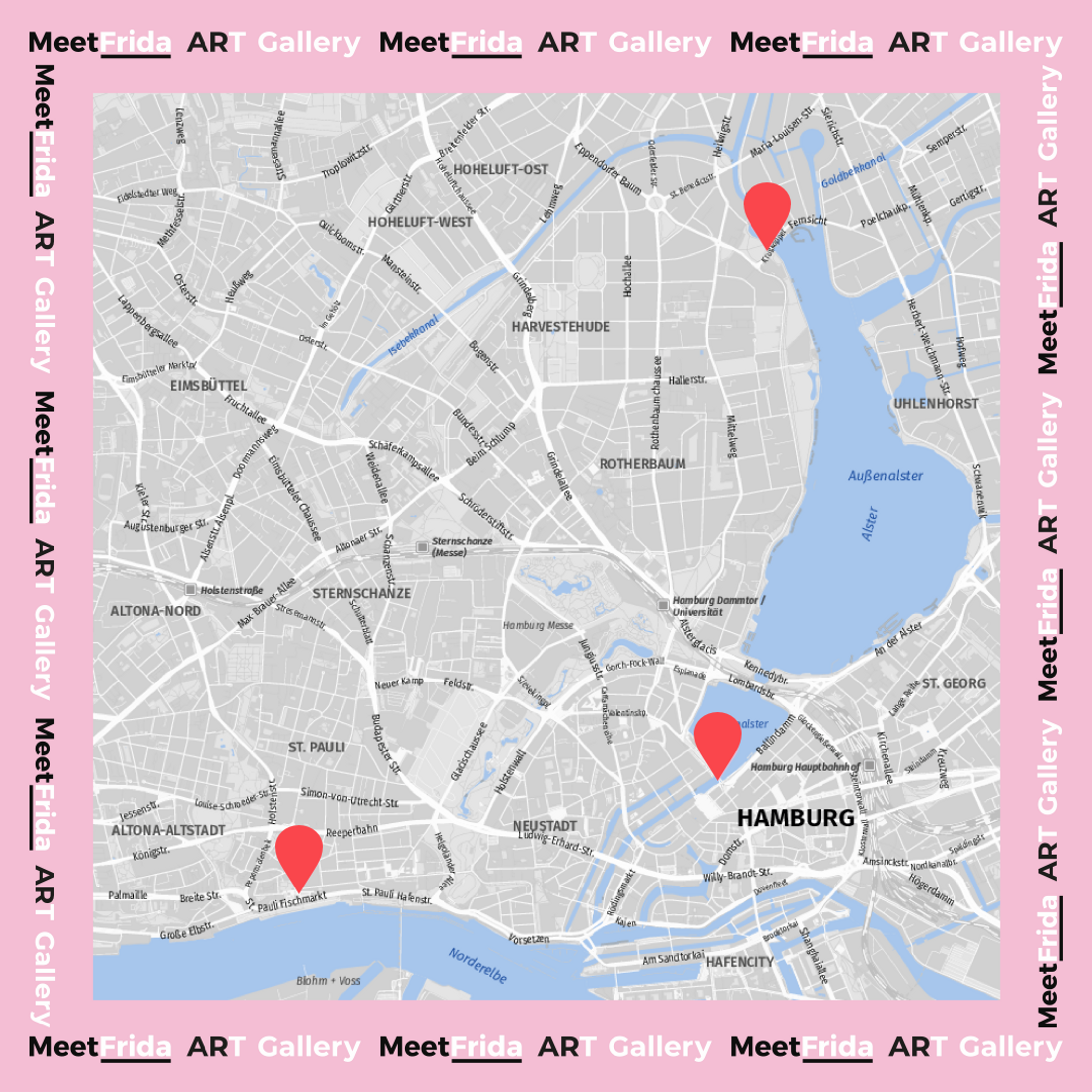 Eine Karte Hamburgs. Rote Markierungen zeigen die Positionen der Würfel.
