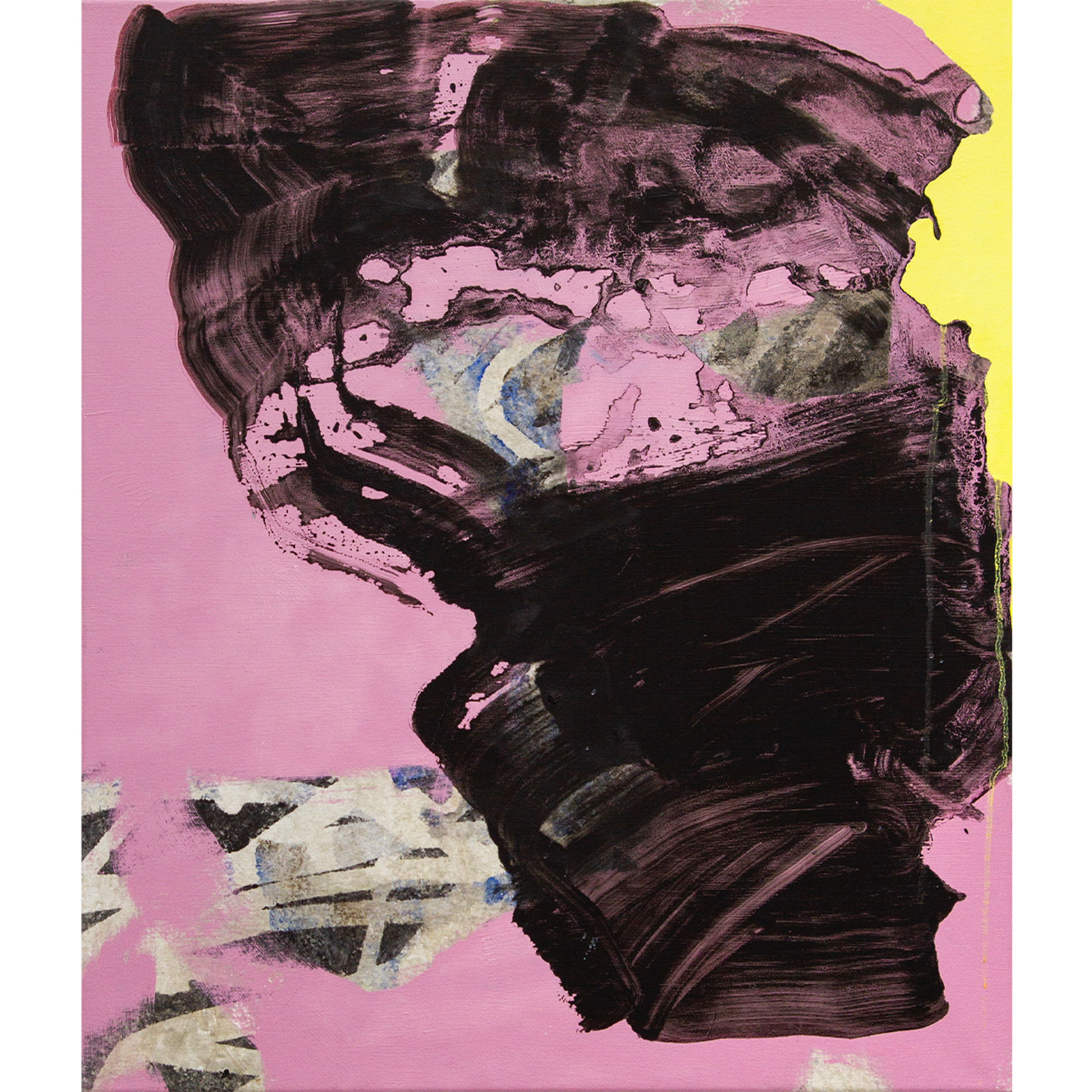 Eine schwarze abstrakte Form auf einem pinken Hintergrund.