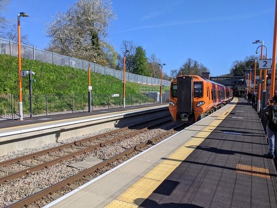 A West Midlands Railway train arriving at the new Kings Heath station