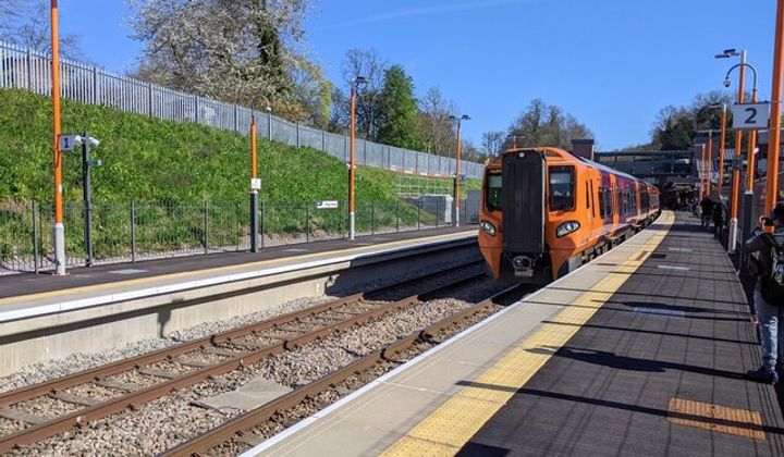 A West Midlands Railway train arriving at the new Kings Heath station