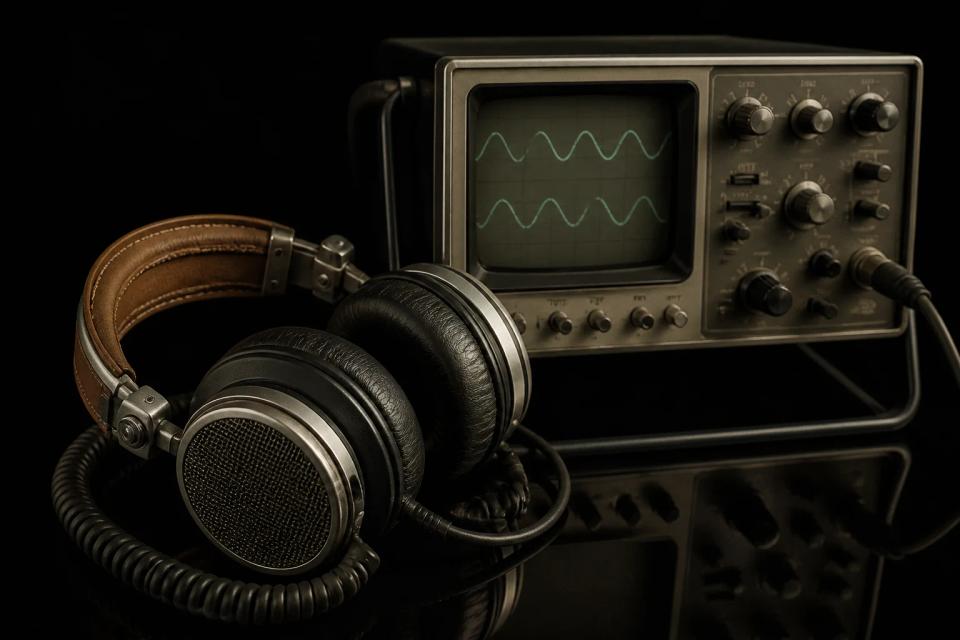 Vintage headphones beside an analog oscilloscope showing two waveforms.