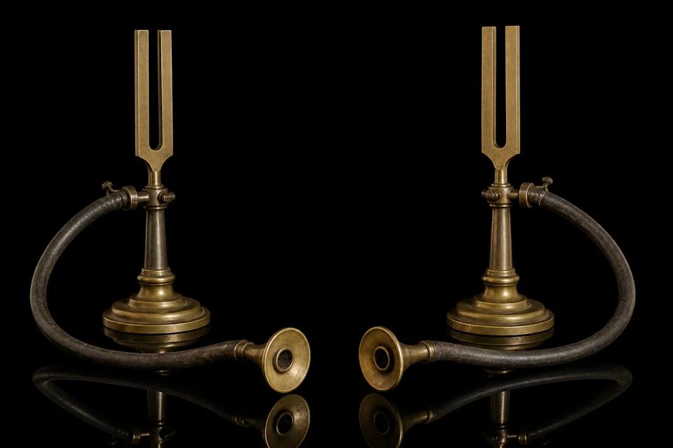 Two brass tuning forks with separate listening tubes on a glossy black surface.