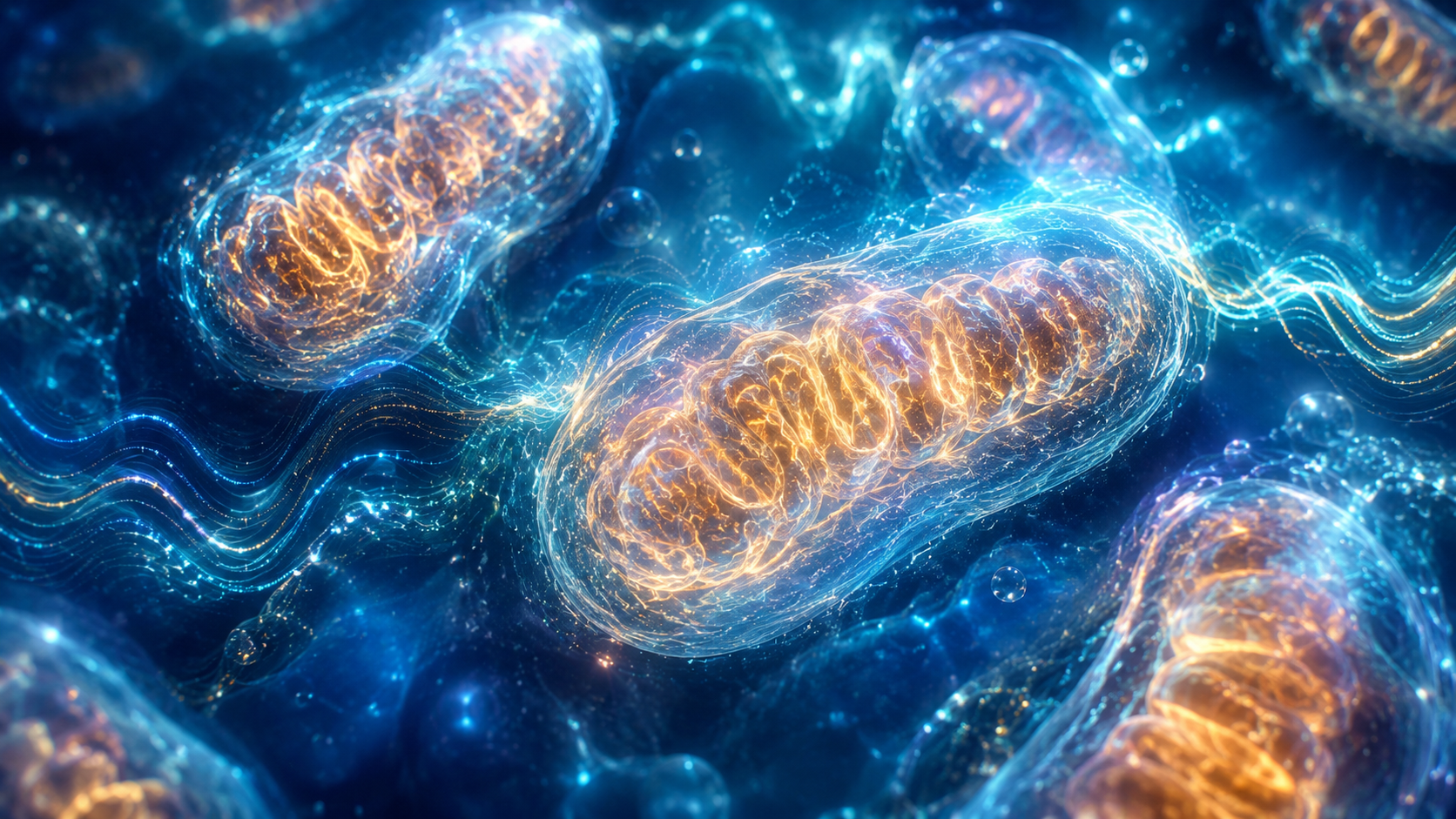 Stylized artistic rendering of biological mitochondria interacting with surrounding sound wave vibrations.