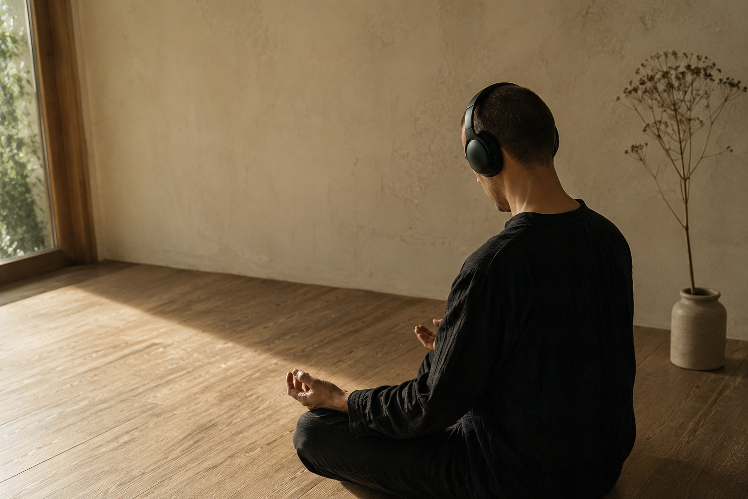 A person sits on a wood floor by a window in over-ear headphones, eyes closed, hands open on their knees, in a band of late afternoon light.