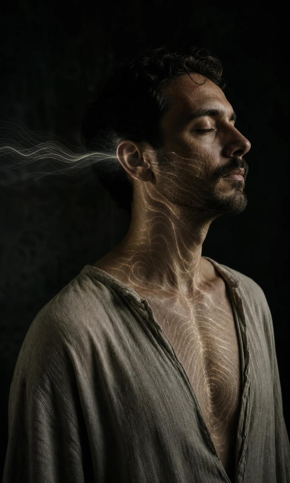 A listener receives fine waves of sound through the ear and across the chest.