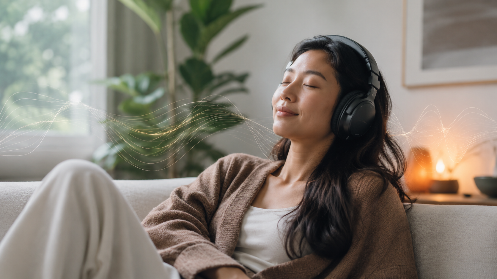 A person wearing over-ear headphones listening intently, with subtle overlapping acoustic wave patterns in the background.