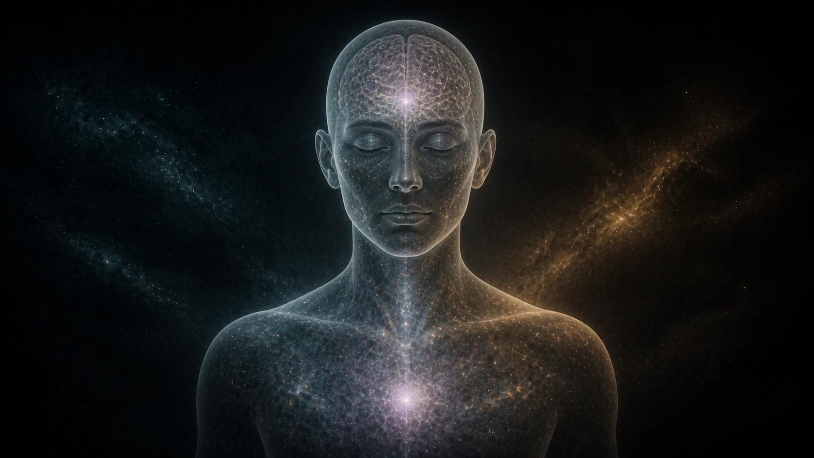 A meditative human figure visualizing the response to binaural tones.