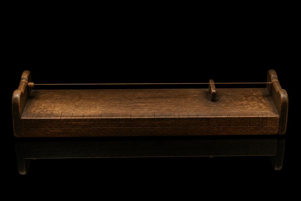 An ancient wooden monochord with a single string on a glossy black surface.