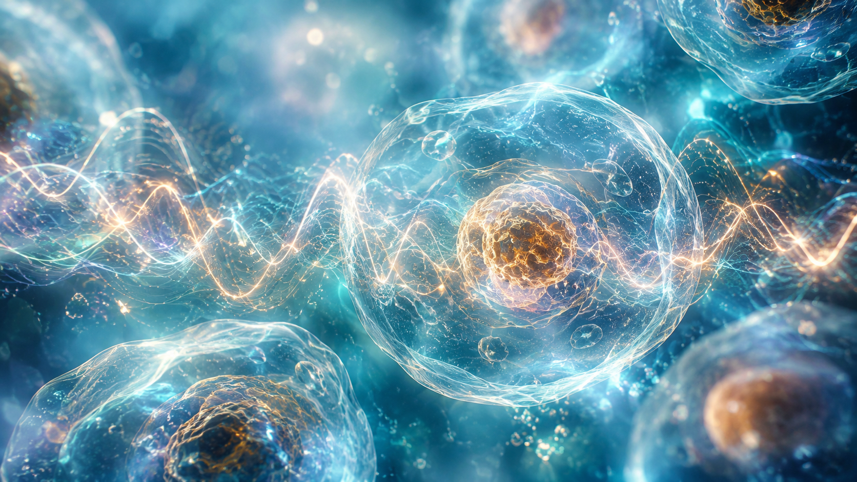 Microscopic view of cellular membranes responding to abstract, glowing sound wave frequencies.