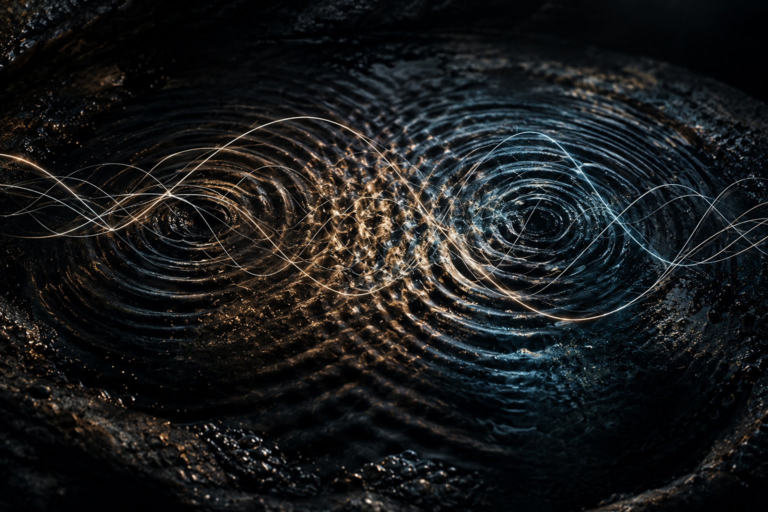 Abstract luminous sound waves intersect and form intricate interference patterns against a dark background.