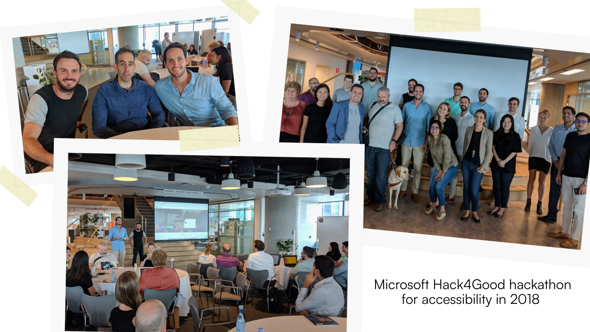 3 photos of Ryan, Adam and hackathon attendees at the Microsoft Hack4Good Hackathon for accessibility in 2018