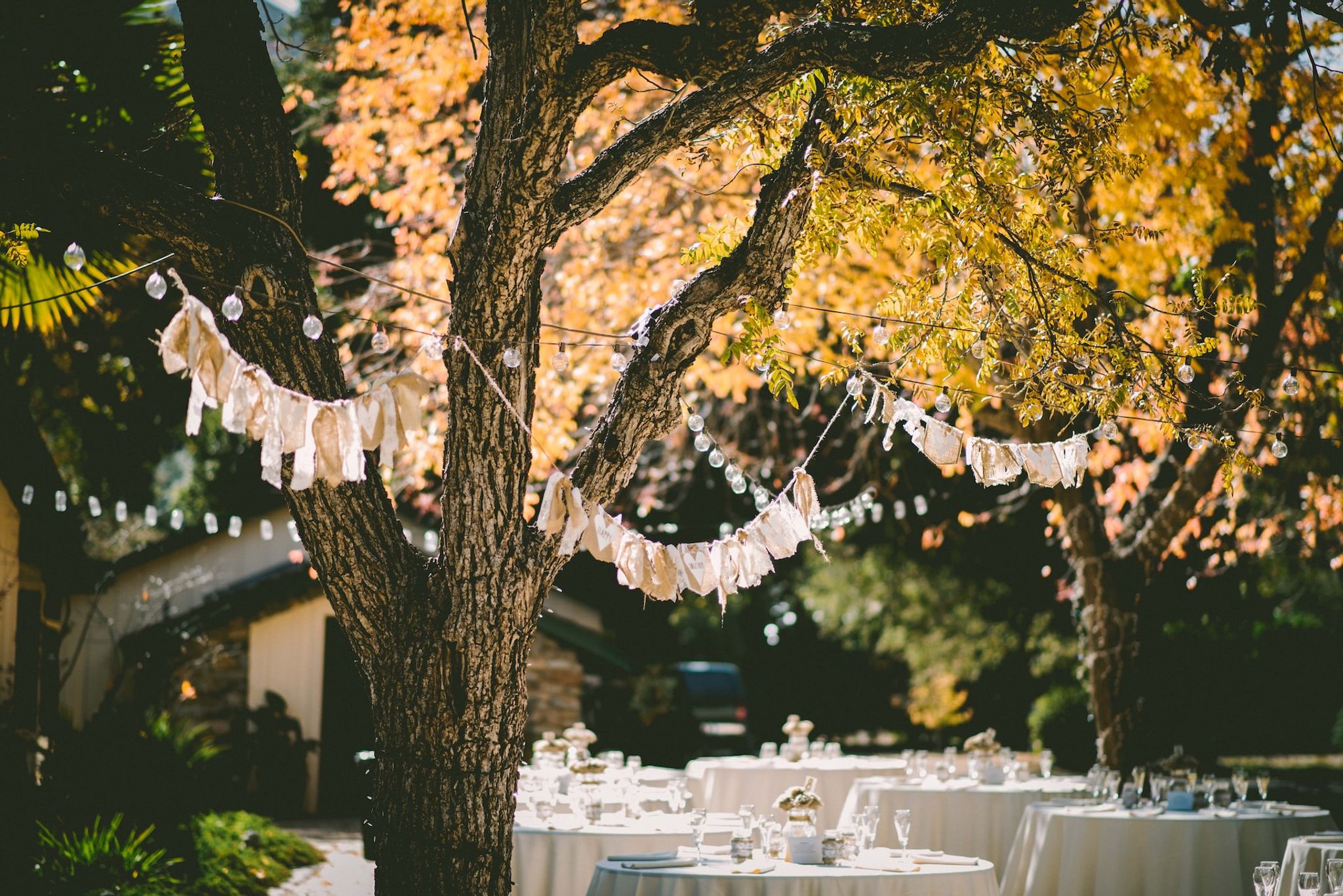 Photo of beautiful white table setting with bunting against an autumn backdrop
