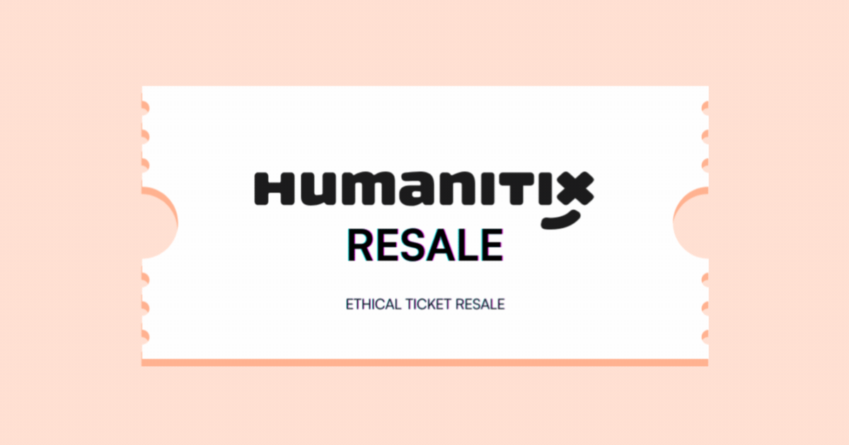 An animated white ticket on a peach background with Humanitix Resale in black text