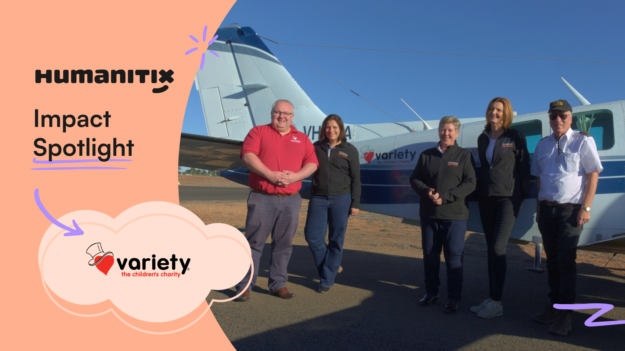 Impact spotlight - variety logo and a photo of the Variety Flying Start team standing in front of a plane
