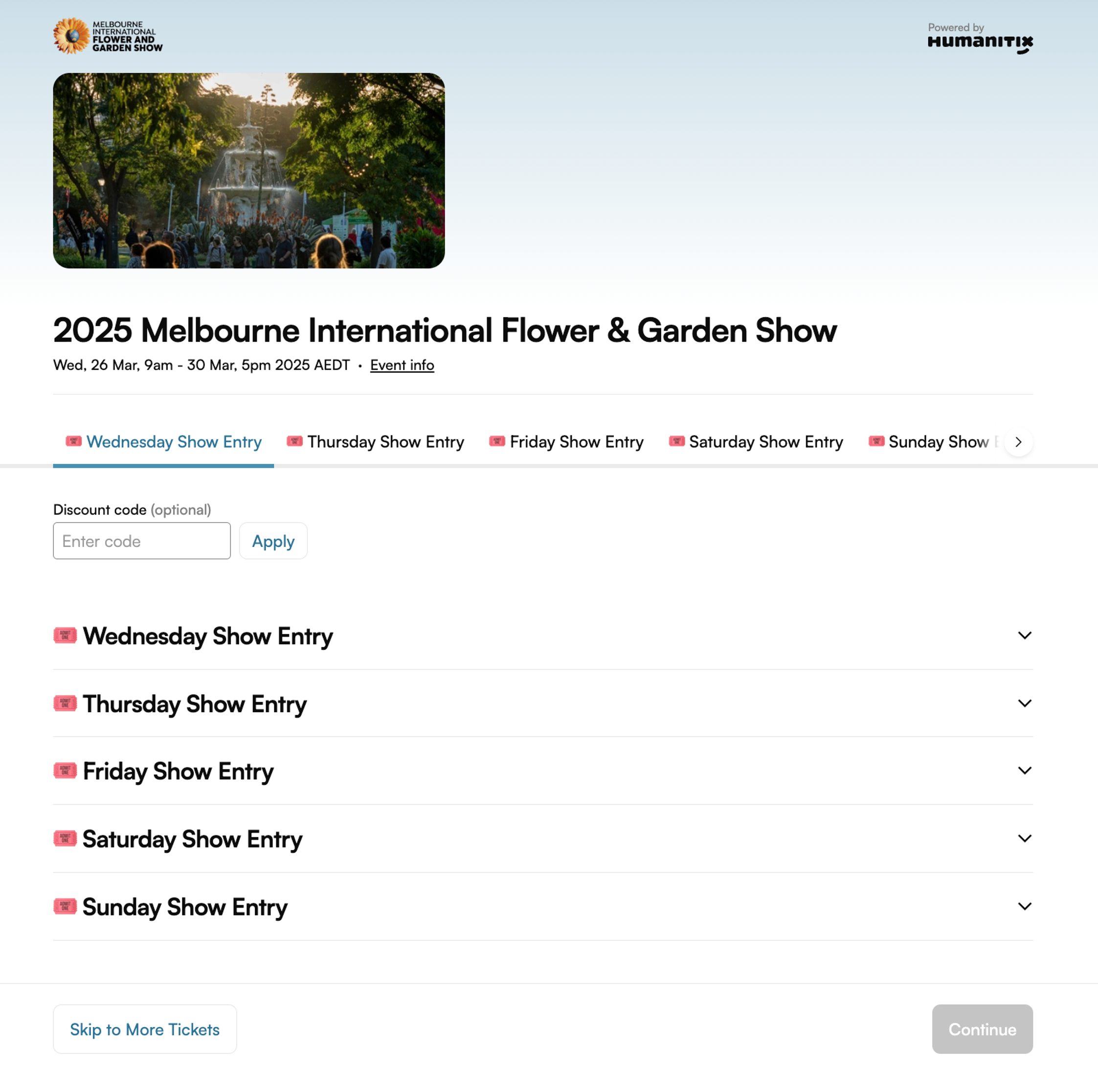 The ticket selection page for the 2025 Melbourne International Flower & Garden Show