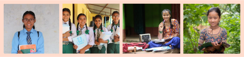 4 photos of girls in Nepal holding books