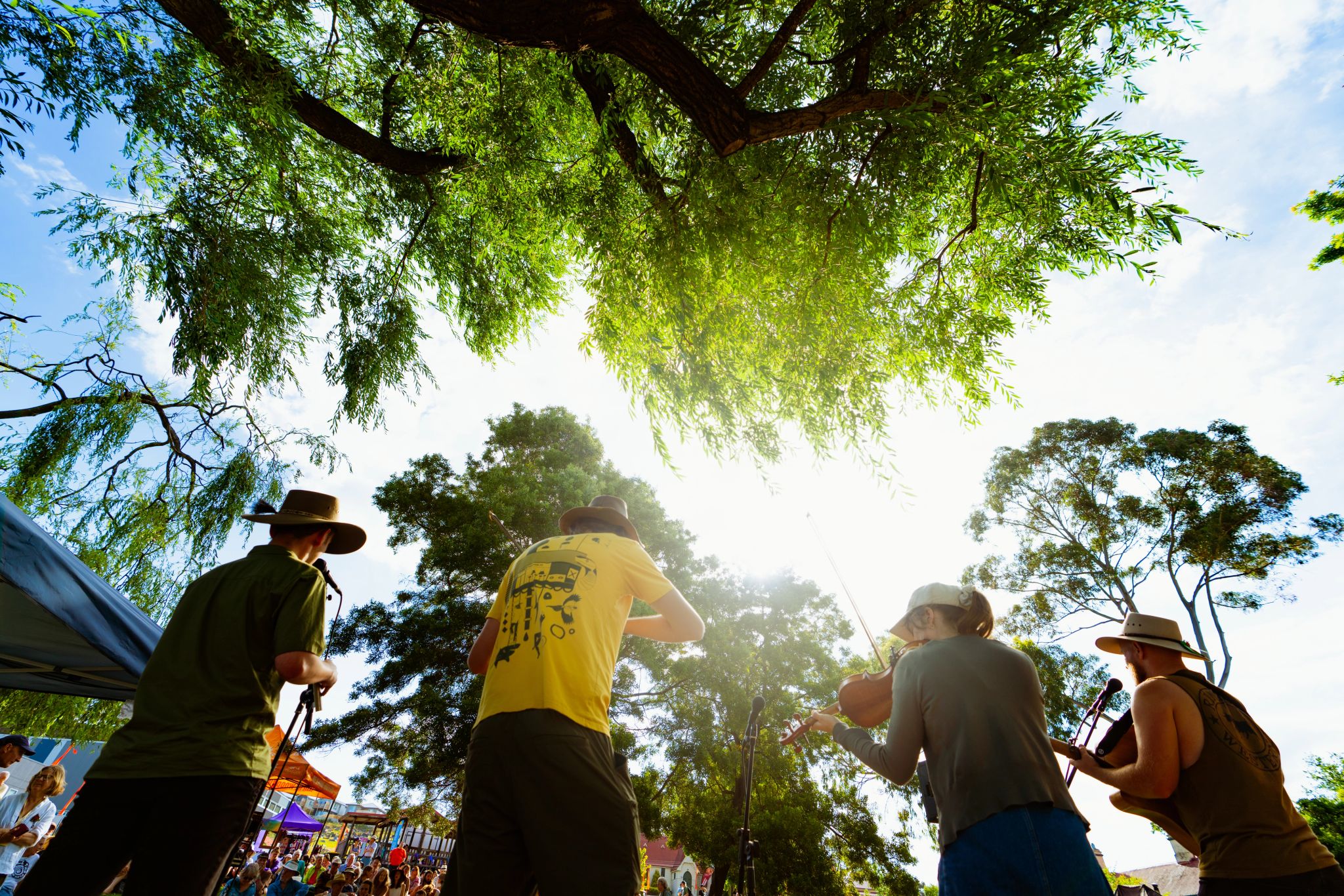 A low angle shot of a band playing instruments against a sunny blue sky and green trees