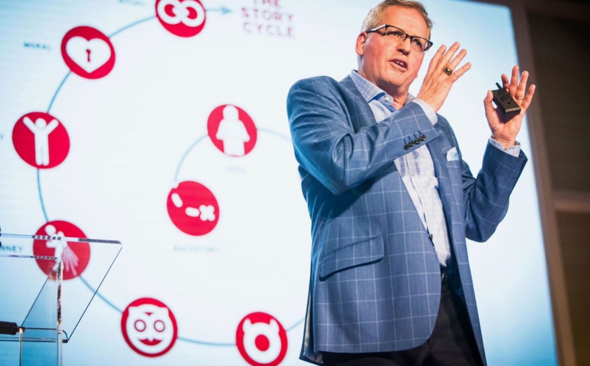 This image is from the business of story website, showing Park Howell presenting and engaging with his audience through storytelling