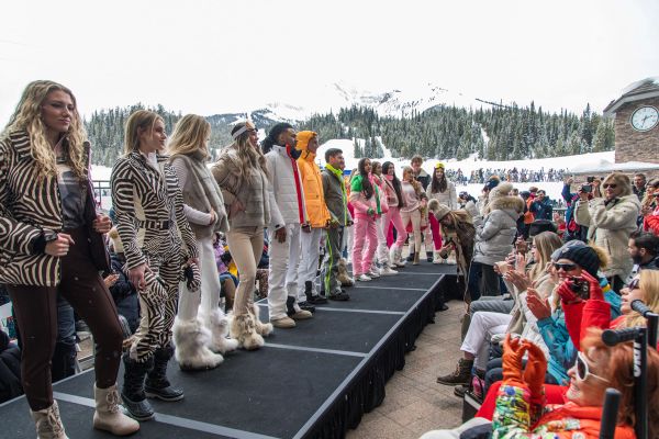 Ski models lined up on the outdoor runway