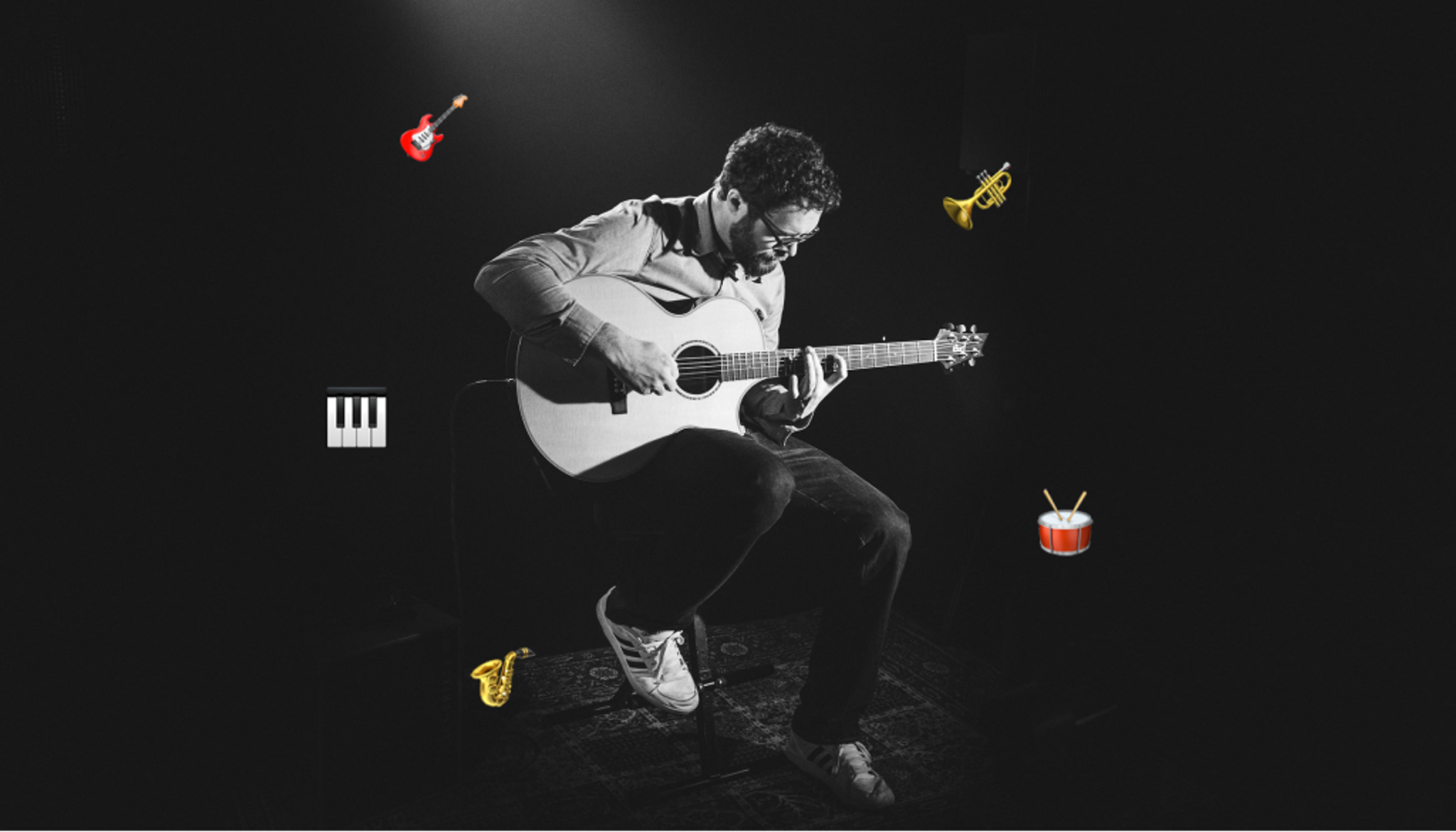 Black backdrop with male in the middle playing guitar and decorative emoji's surrounding him