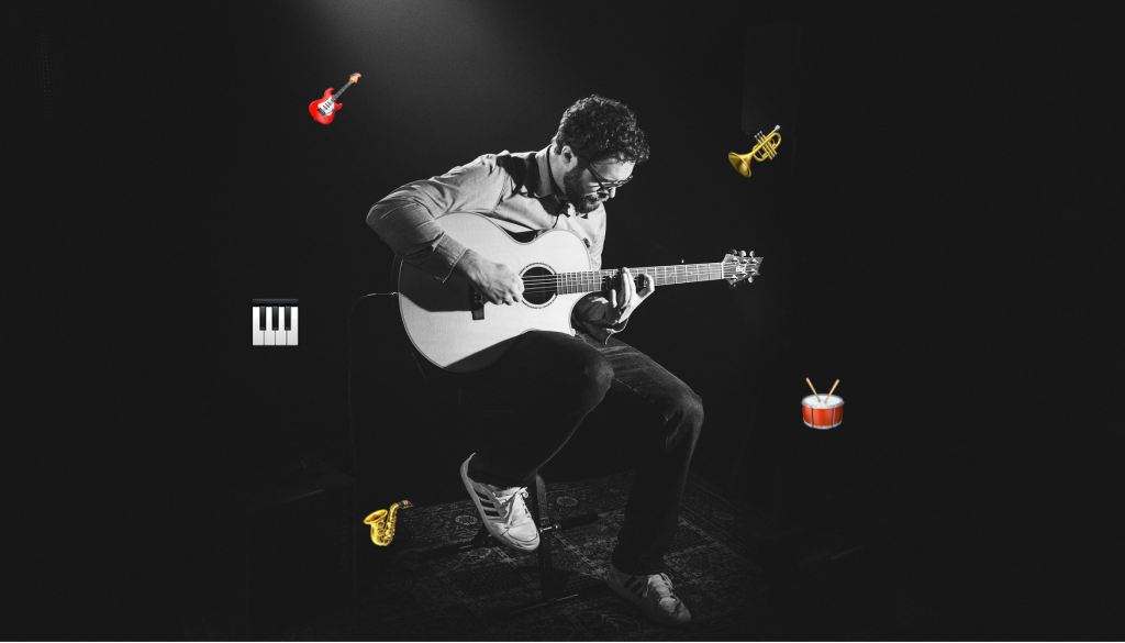 Black backdrop with male in the middle playing guitar and decorative emoji's surrounding him