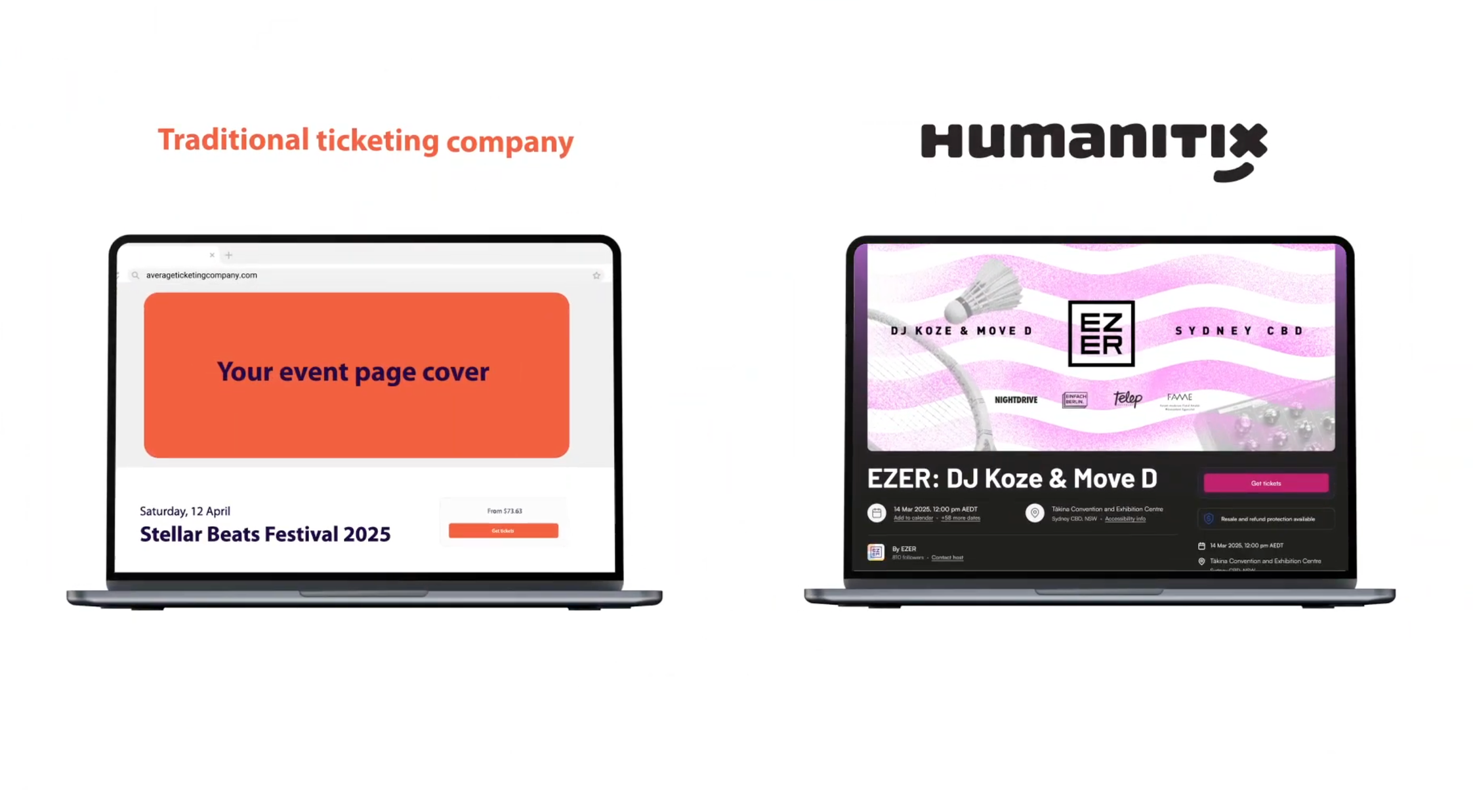 A split screen showing a generic ticketing platform one one side, and a Humanitix event page on the other with customisable branding