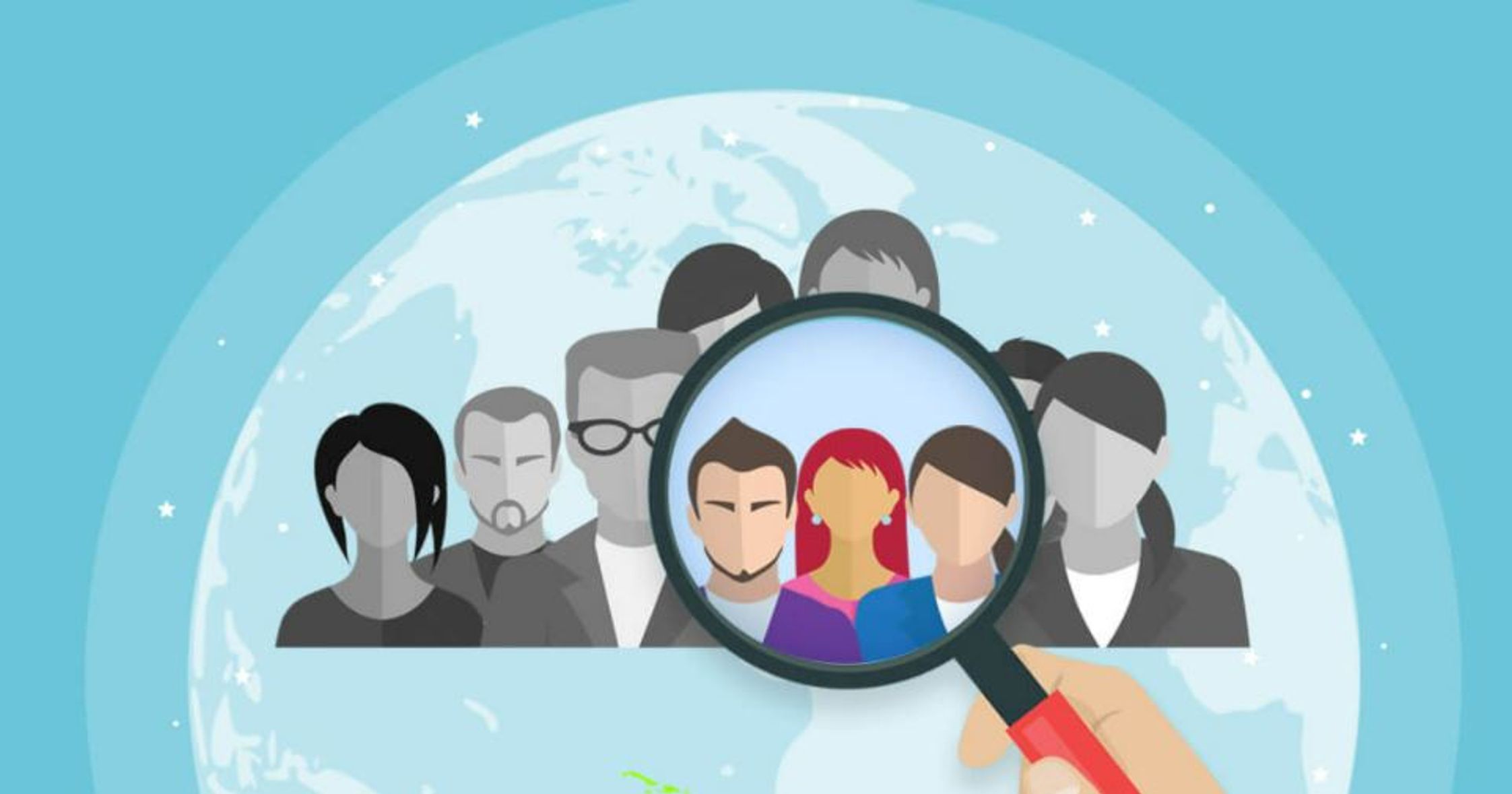 This image is from Mind Inventory, it contains a magnifying glass zooming in on character faces  
