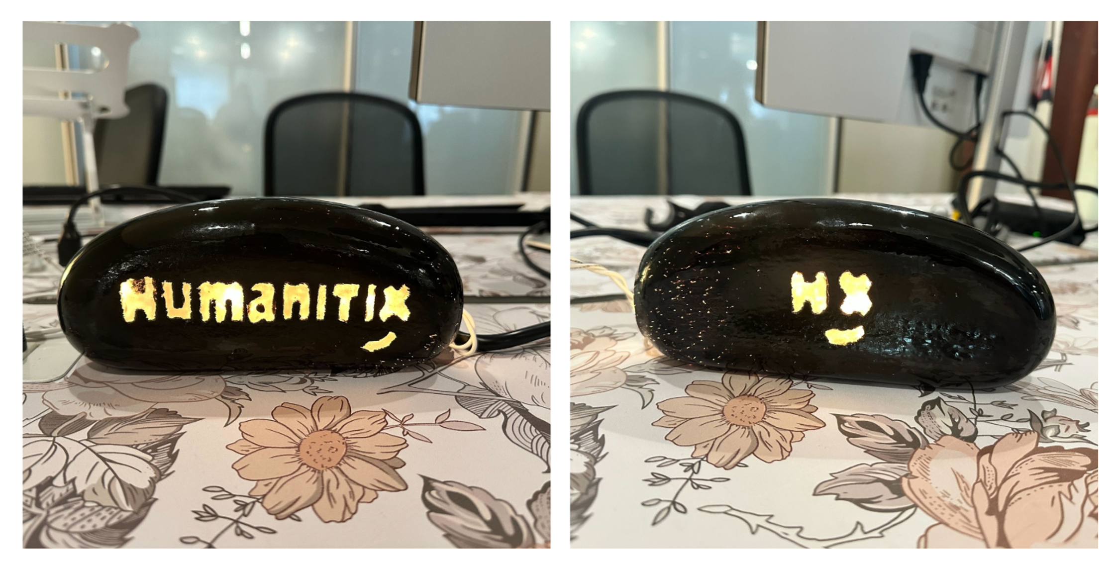 A photo of the glassblown Humanitix lamp from the front and back