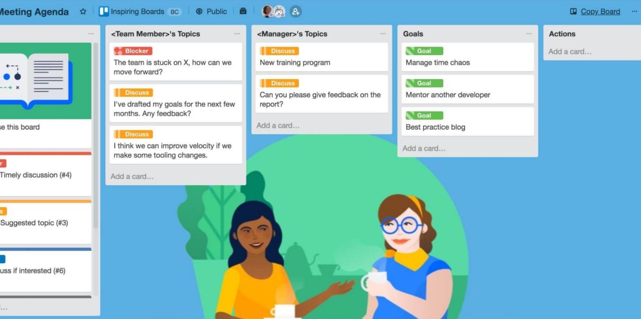 Example of a Trello board with meeting agenda's, to-do lists, hot topics and goals for the week