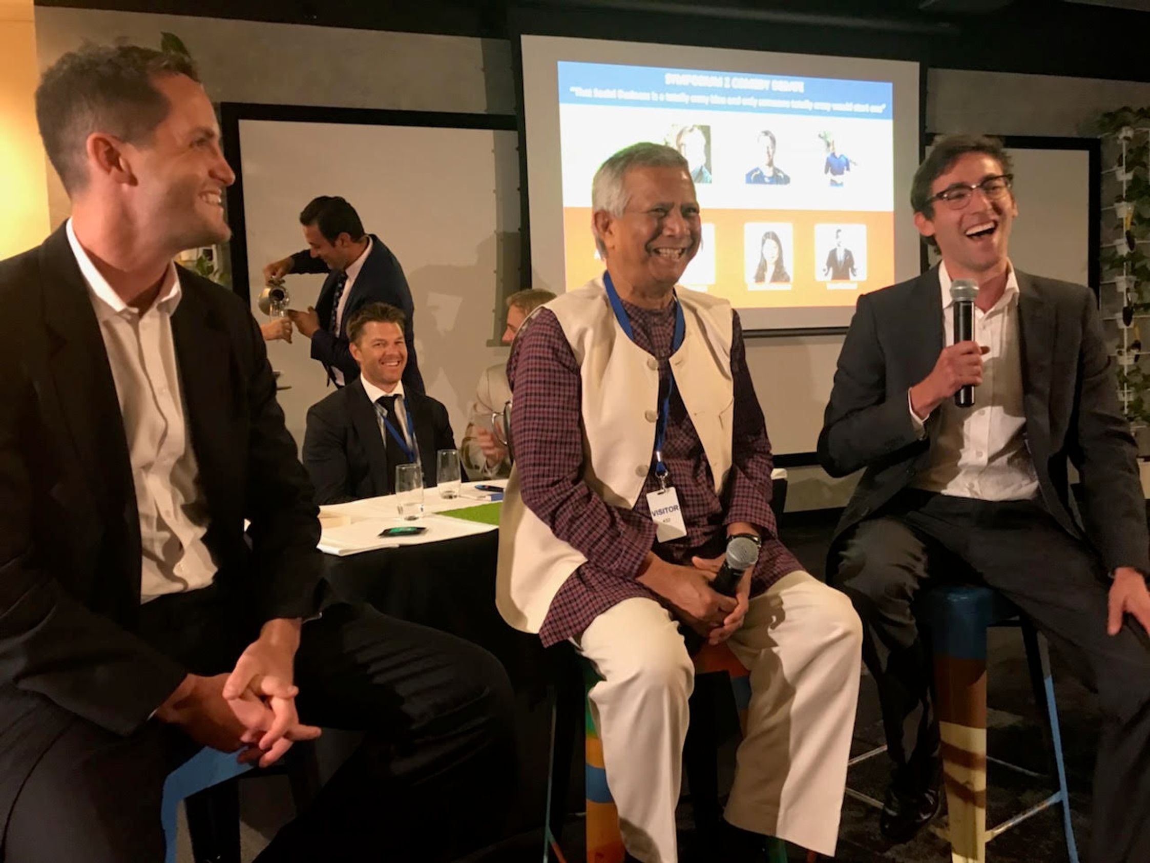 Adam and Josh interviewing Professor Muhammad Yunus in 2018, founder of Grameen Bank