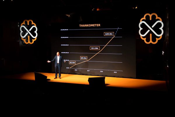 Presenter speaking with 'Thankometer' slide