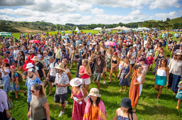 Hundreds of festival attendees in colourful costumes