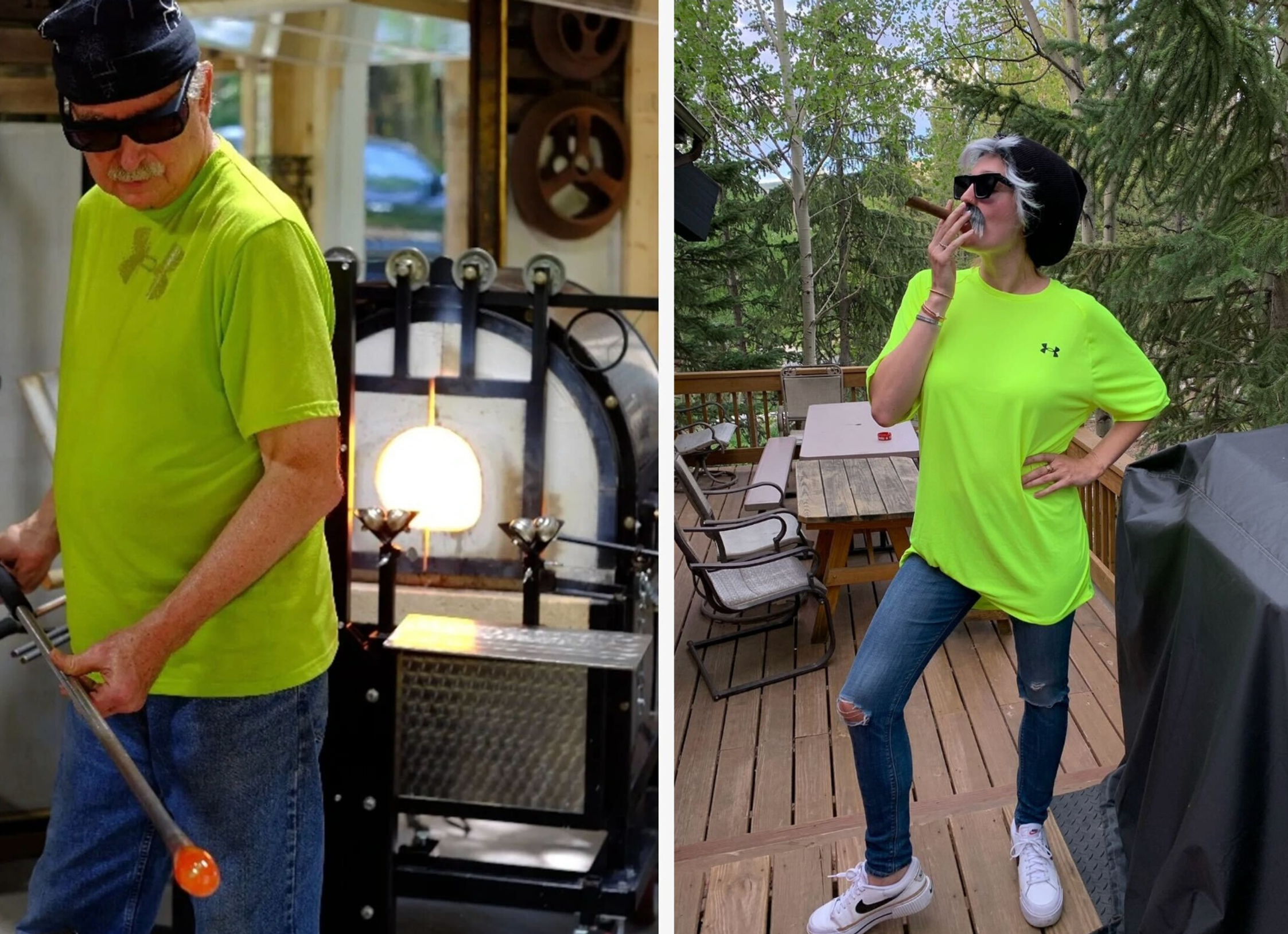 A photo of Larry in a fluro shirt and jeans, next to a photo of Avery dressed very similarly