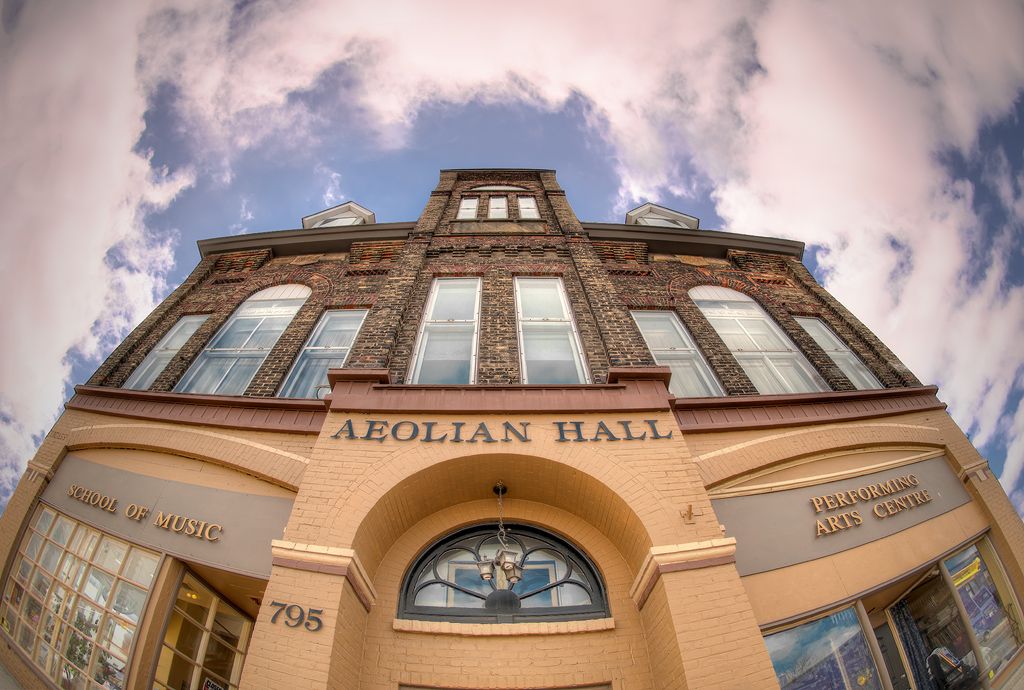 Fish eye photo of Aeolian Hall from a low angle