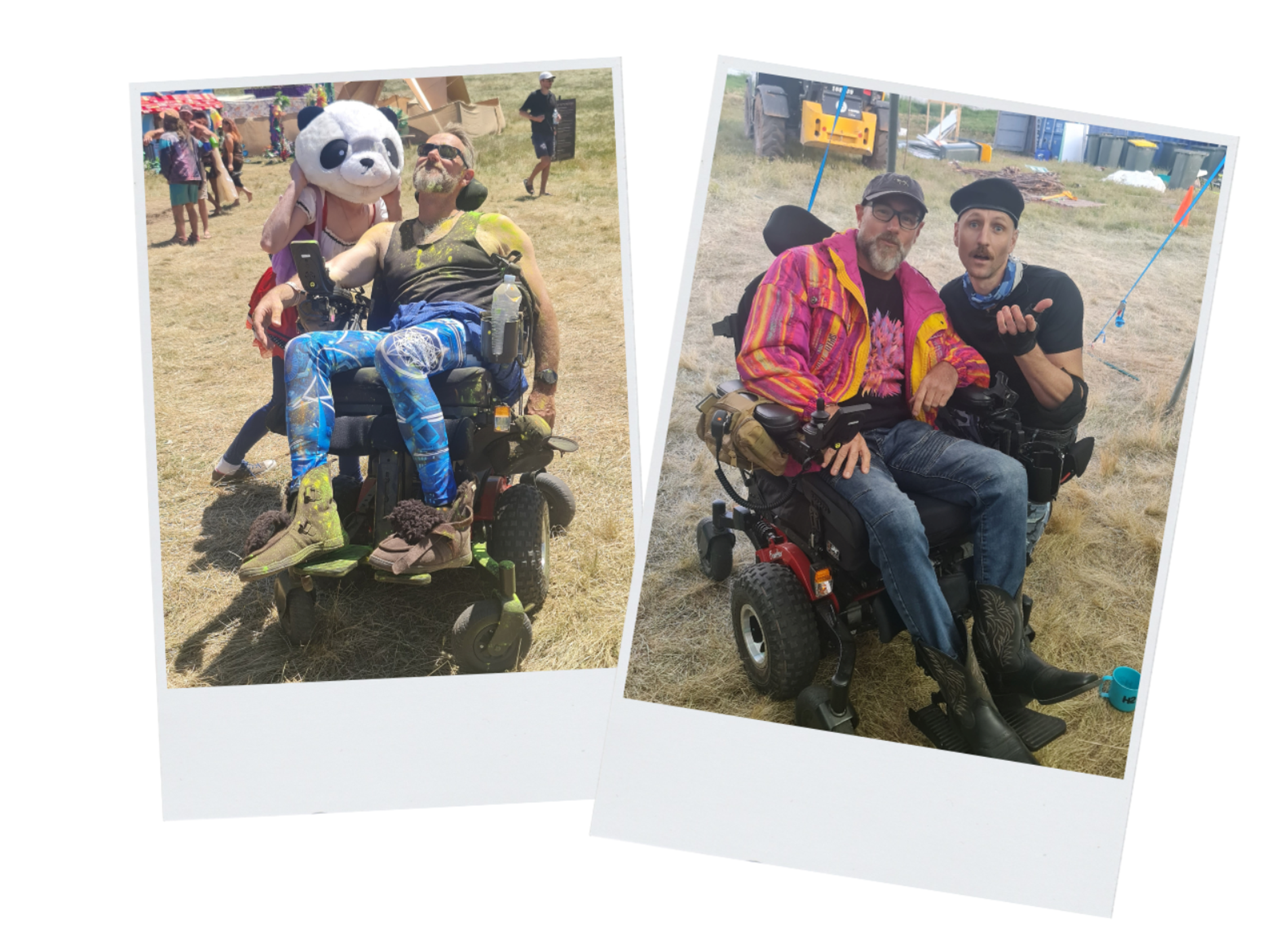 Two polaroid photos of Mark at the Elysium Gathering festival on his specialised wheelchair