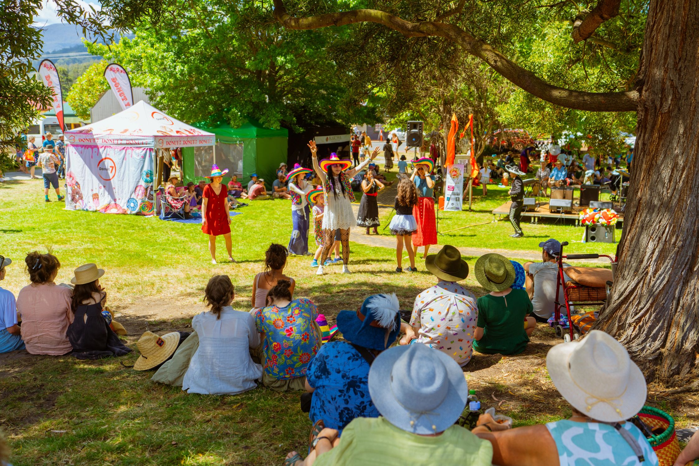 Kids and adults dancing in the sunlight at the folk festival grounds with others sitting and watching