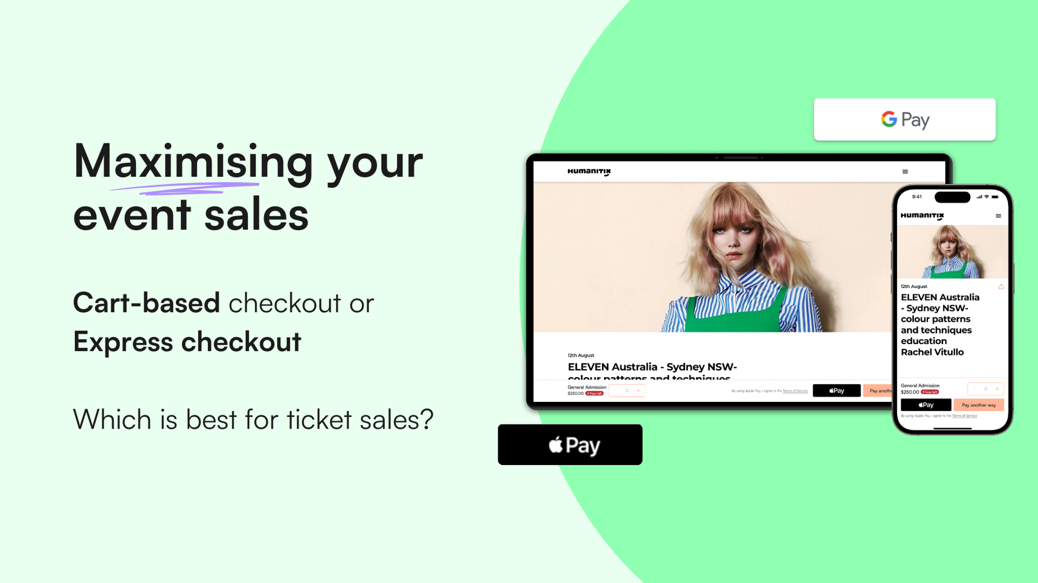 A green background with an image of an iPad and phone showing express checkout, with the words Maximising your event sales