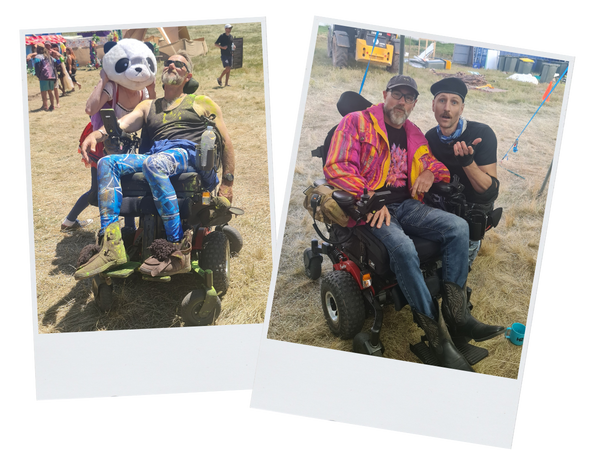 Mark at the Elysium Gathering festival in colourful costumes in his wheelchair, surrounded by friends