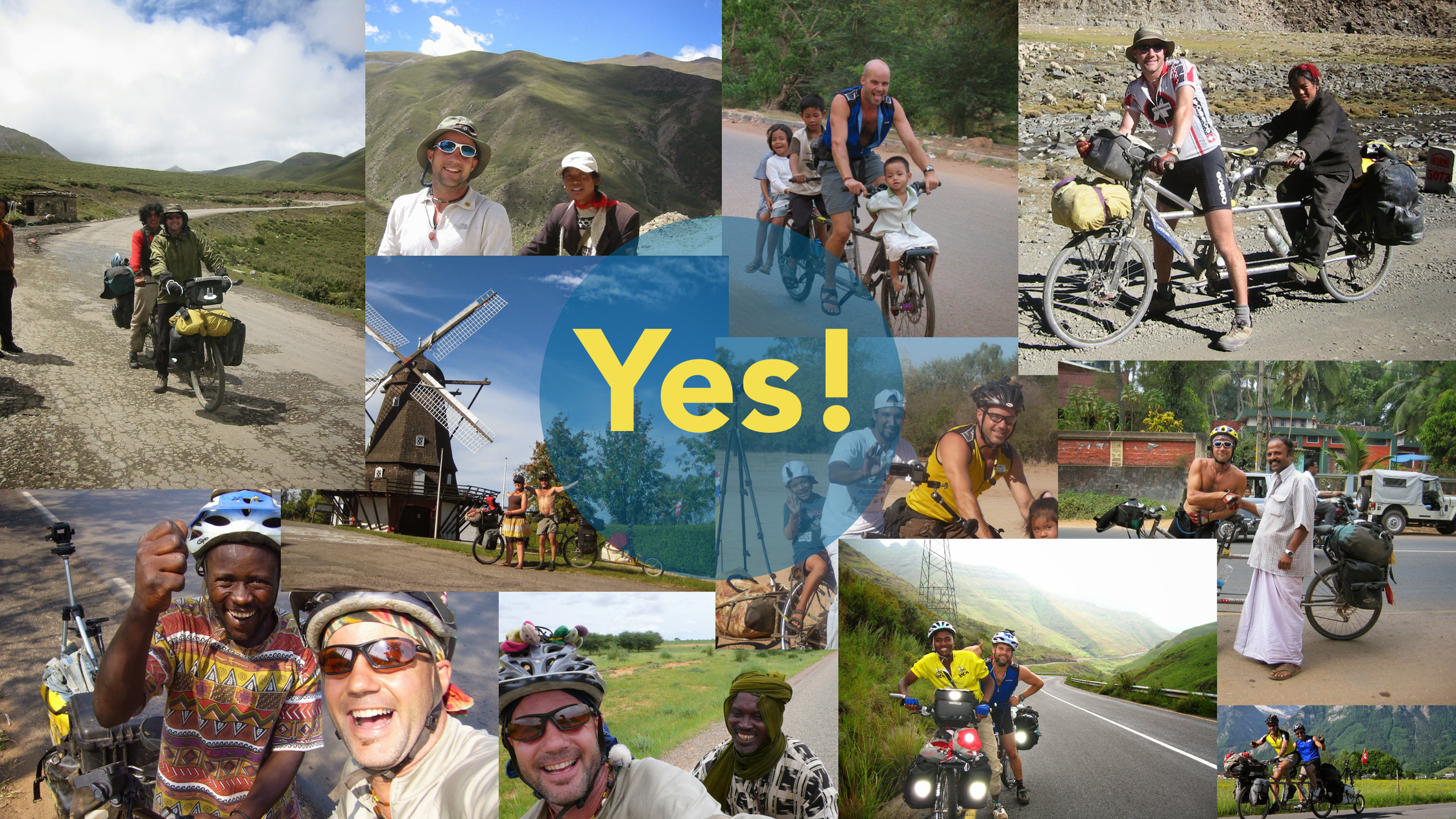 Collage of photos of PIE founder biking around the world with smiling locals, and a graphic of Yes! in the middle