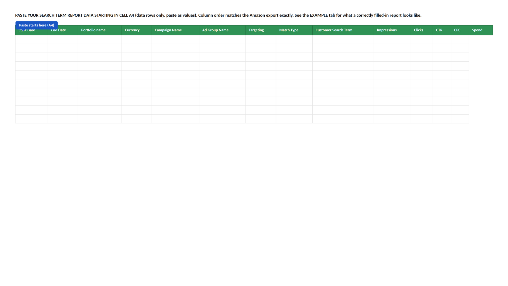 PASTE DATA tab, empty and ready for a real report