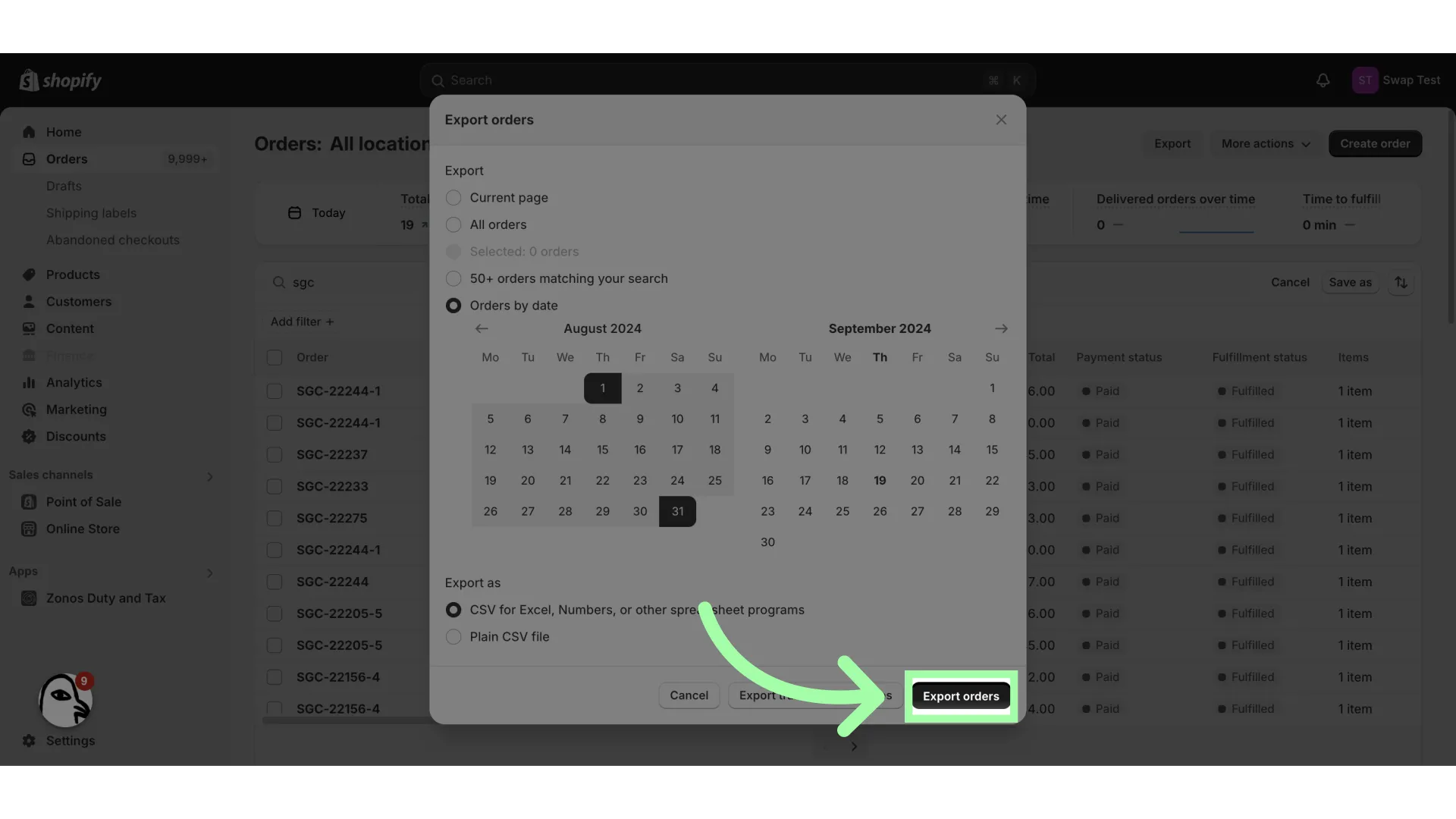 Click 'Export orders'